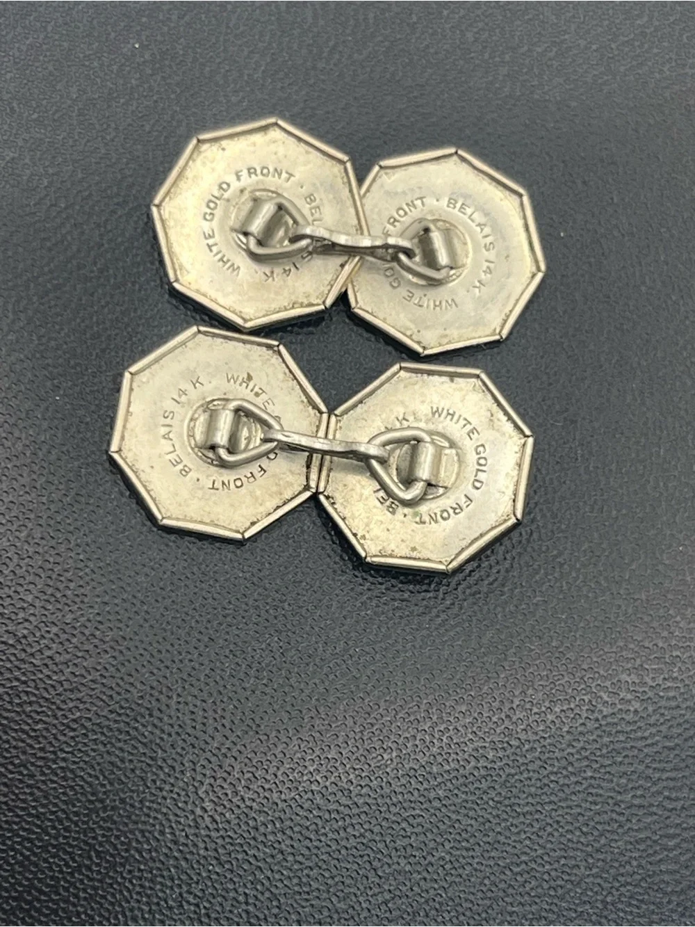 Belais 14k White Gold Front Etched Cuff links Art Deco flower snowflake design